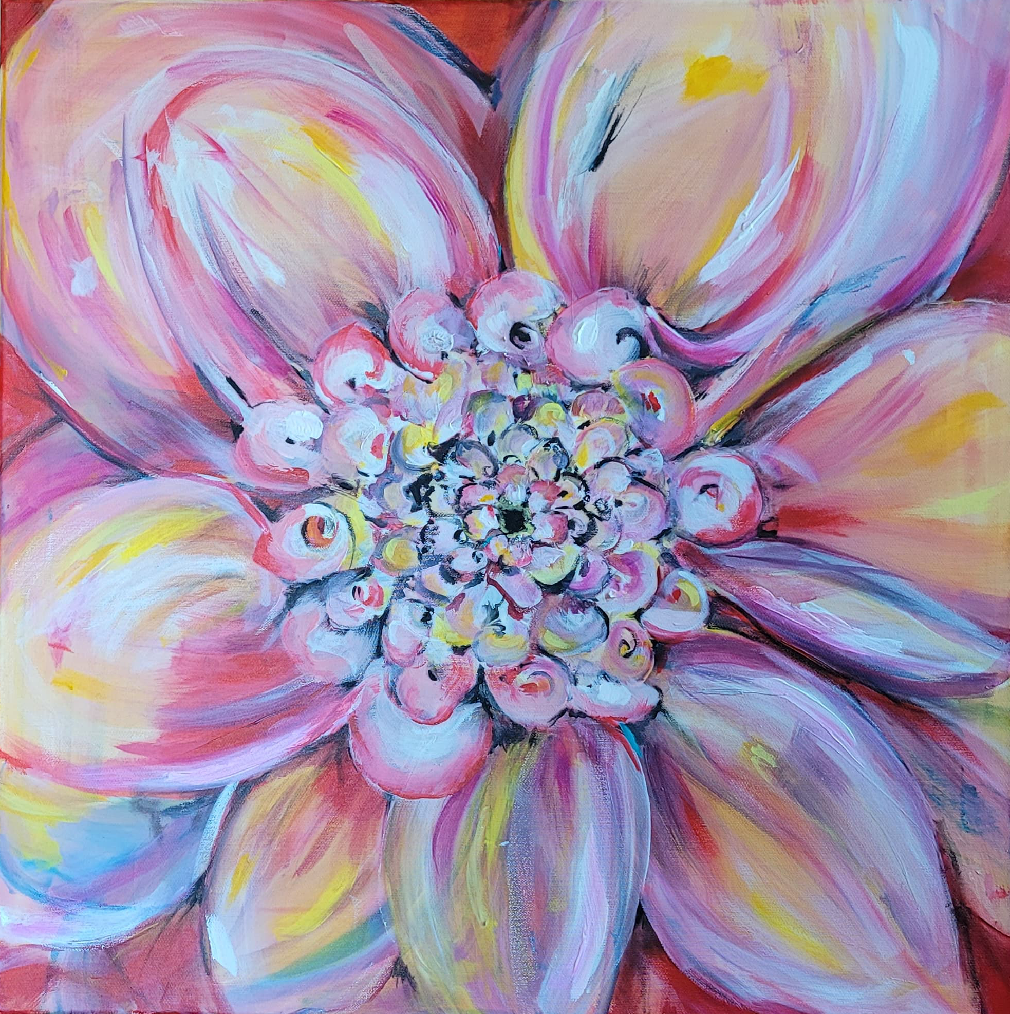 gemaltes Werk auf einer Leinwand - Pinke Blüte im Fokus