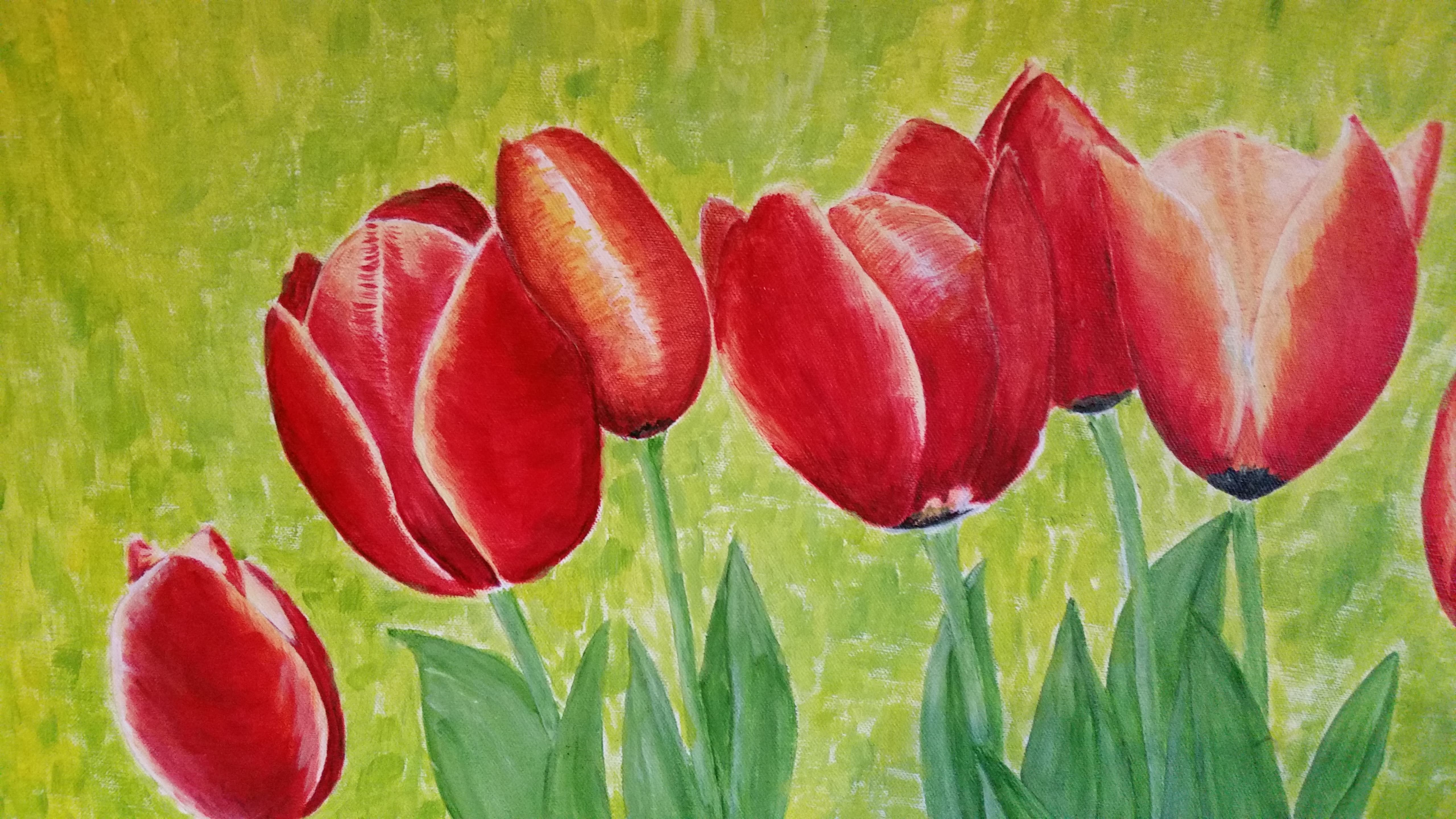 gemaltes Werk auf einer Leinwand - Rote Tulpen auf grünen Hintergrund