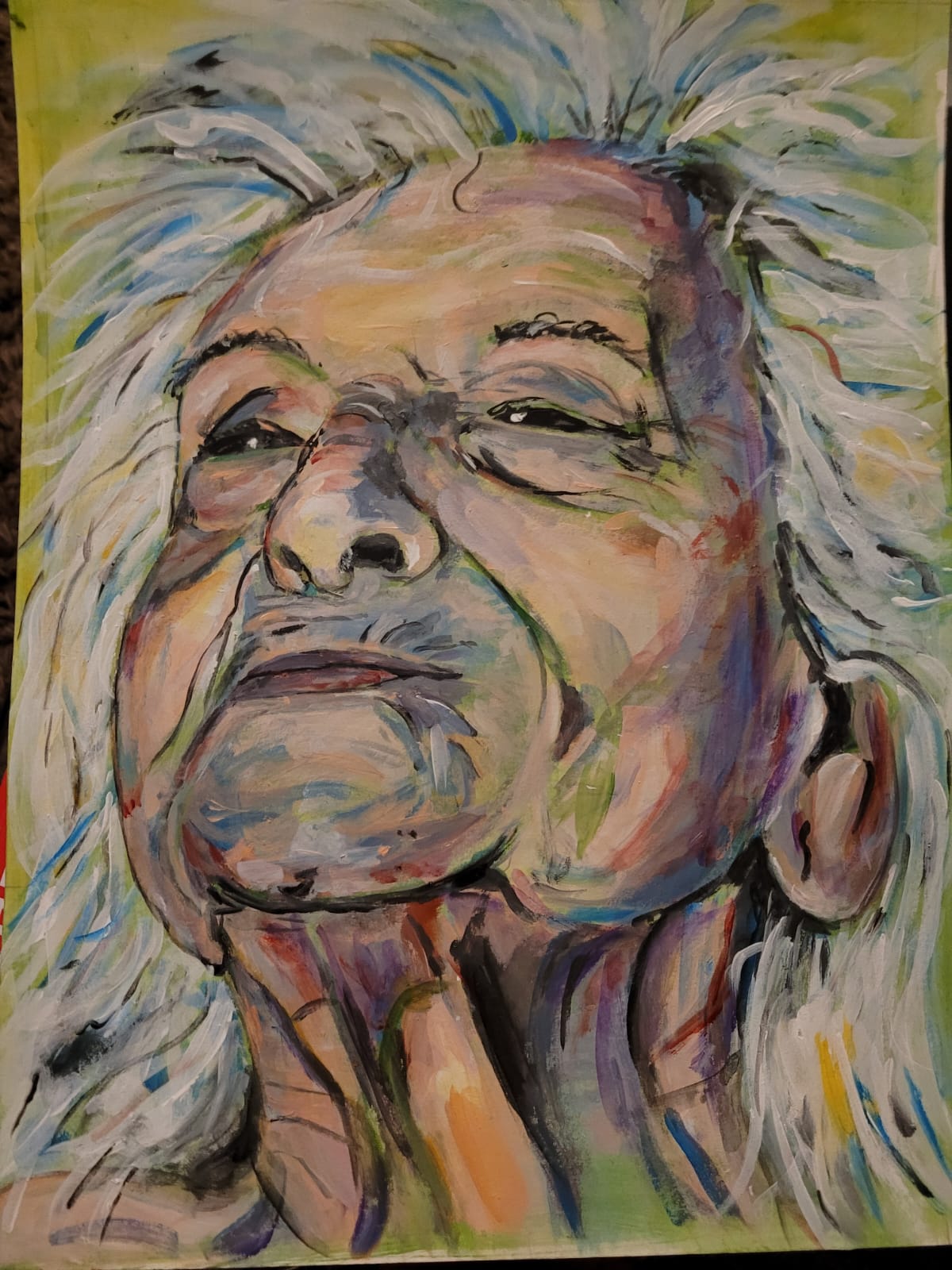 Gemaltes Portrait auf einer Leinwand - alte Frau strahlt in der Sonne