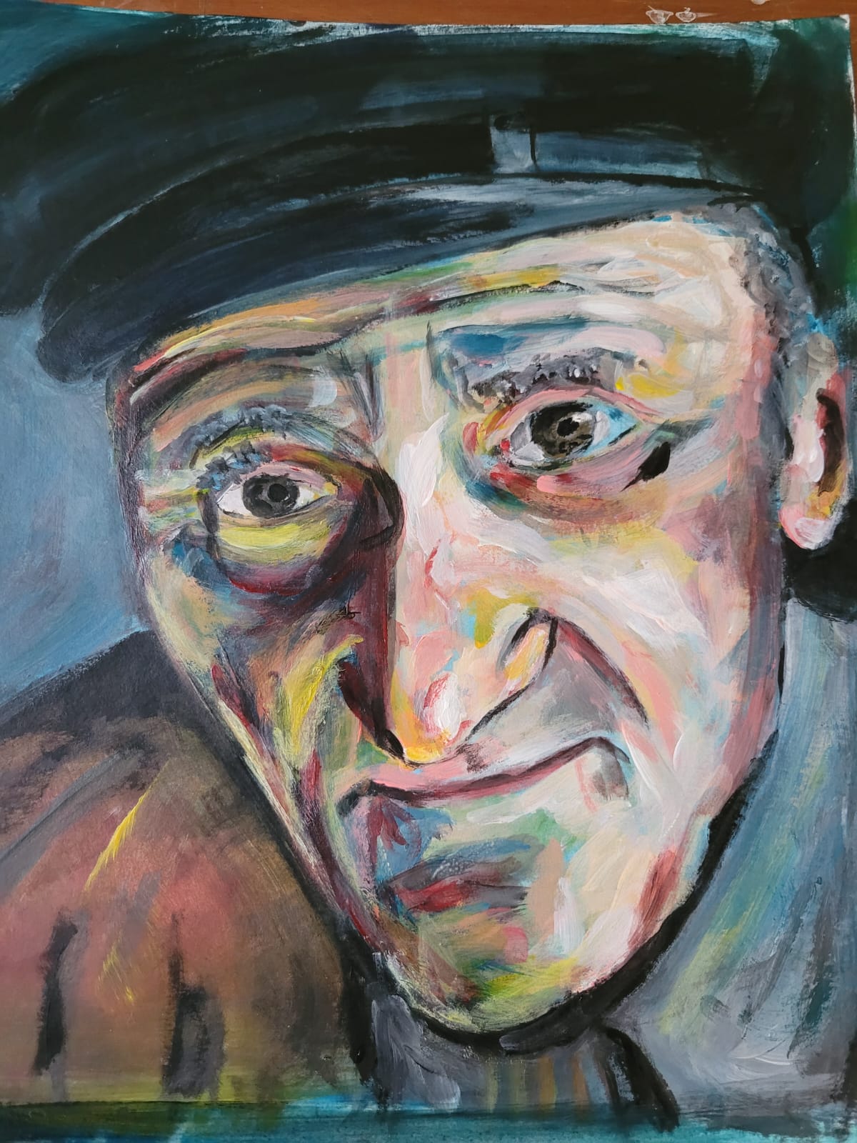 Gemaltes Portrait auf einer Leinwand - Portait von altem Herr mit Hut