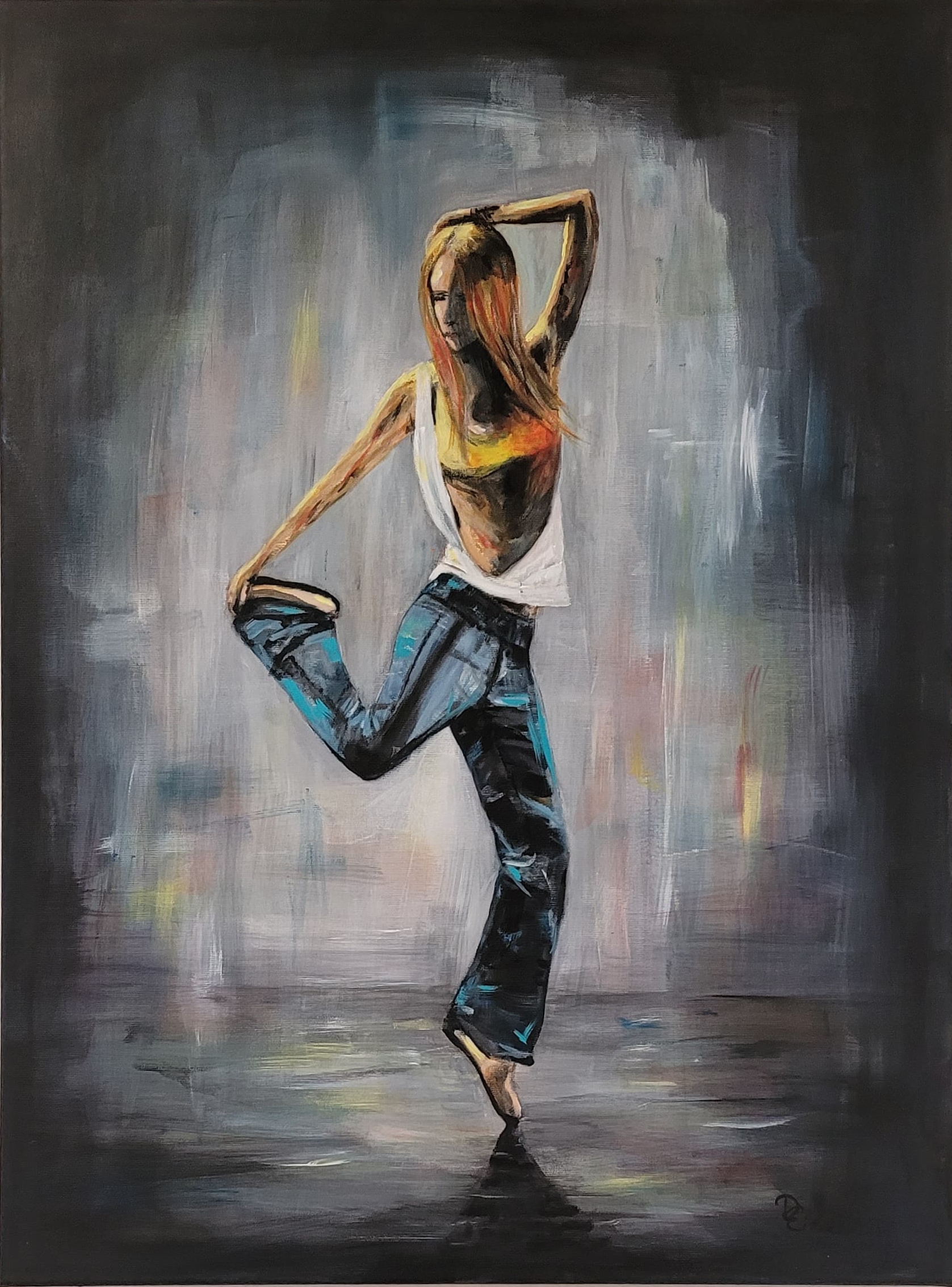 gemaltes Portrait auf einer Leinwand - Frau tantzt im Licht