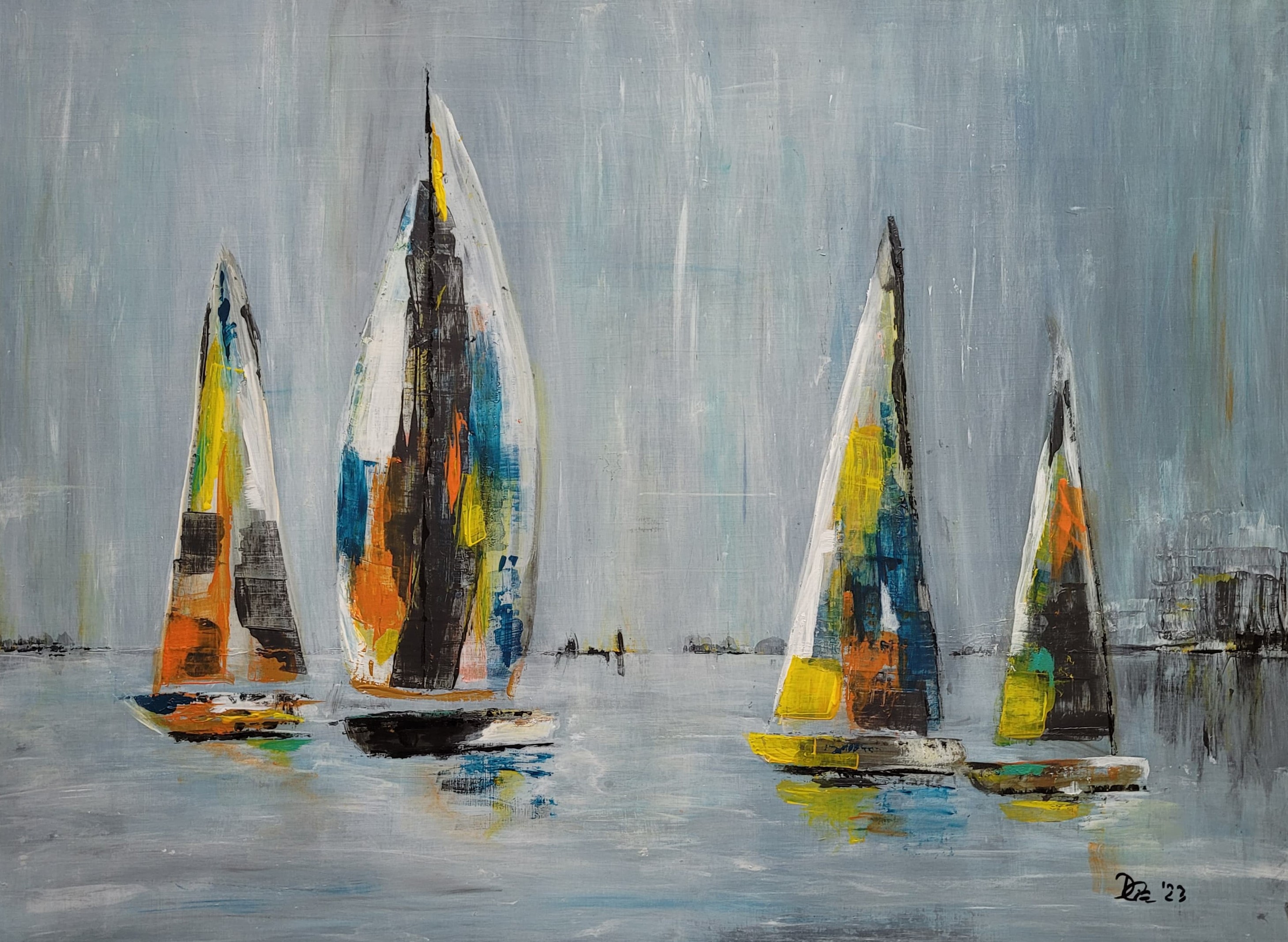 Werk auf einer Leinwand - vier segelboote in bunt und schwarz