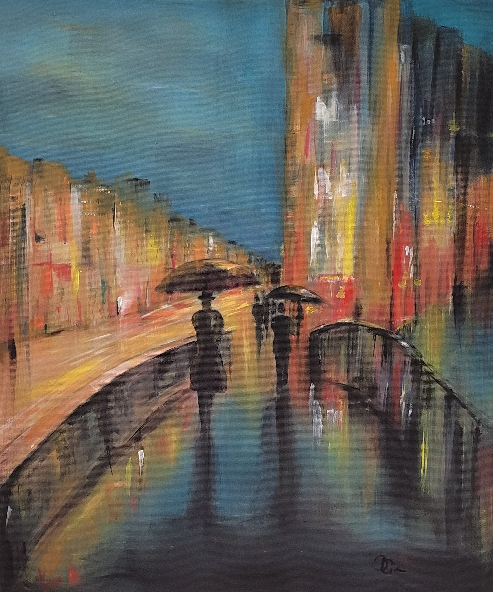 Werk auf einer Leinwand - Stadtansicht in der Nacht mit Regen