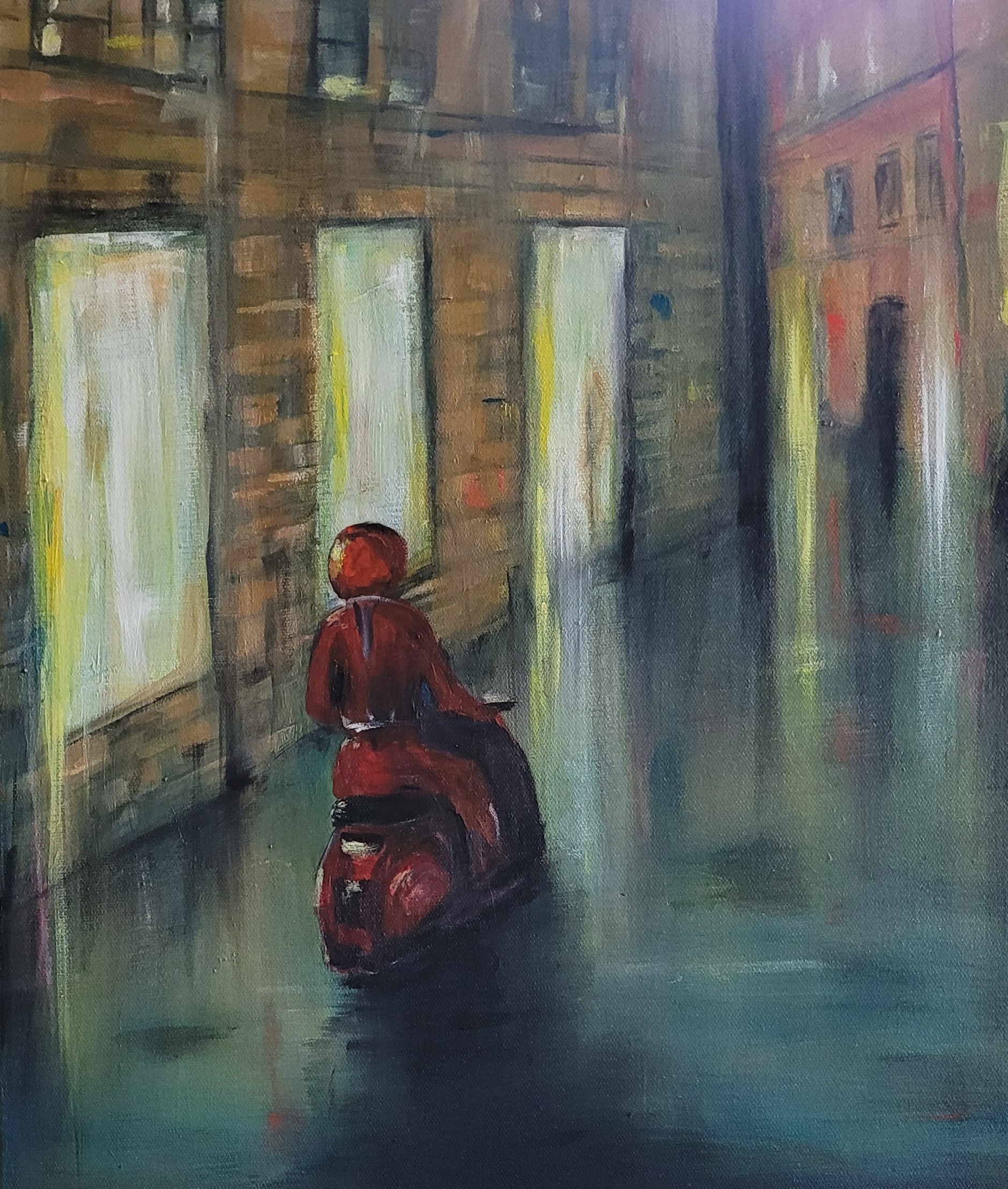 Werk auf einer Leinwand - roter Roller fährt durch die Nacht