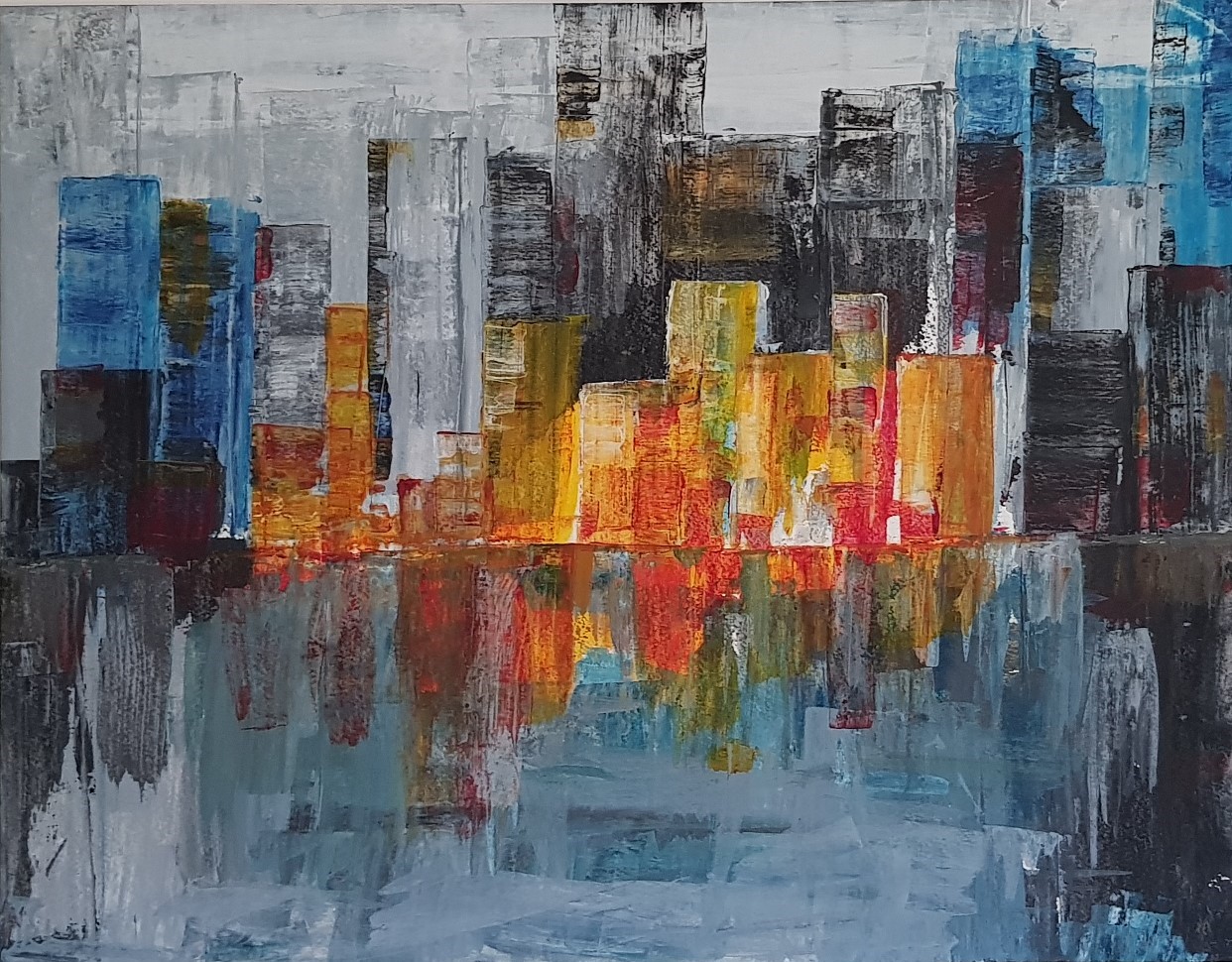 Werk auf einem Malkarton - Skyline in blau und gelb