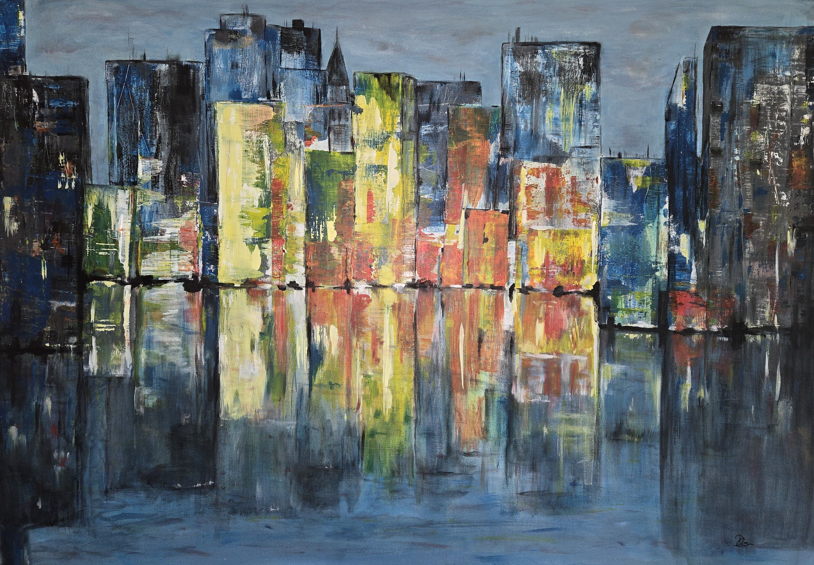 Werk auf einer Leinwand - Blick auf eine Stadt am Wasser